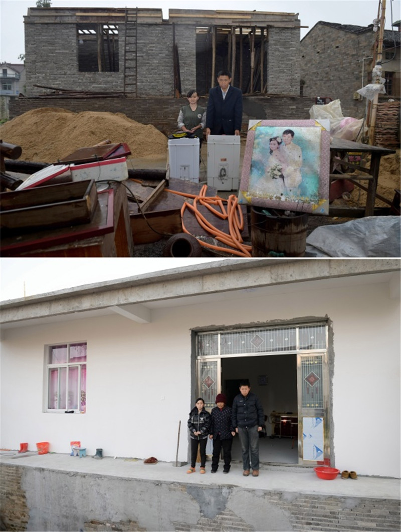 拼版照片：上圖為安徽池州市東至縣塔石村，馮桃伢（右）和妻子在重建中的家門前合影，家中的洗衣機等大件用品全部泡水毀壞，多年前的結婚照也被洪水泡得失去原來的樣子（2016年10月19日攝）；下圖為安徽池州市東至縣塔石村，馮桃伢和母親、妻子在已經入住的新家門口合影，馮桃伢希望新年能和妻子重新拍一張結婚照（2017年1月22日攝）。