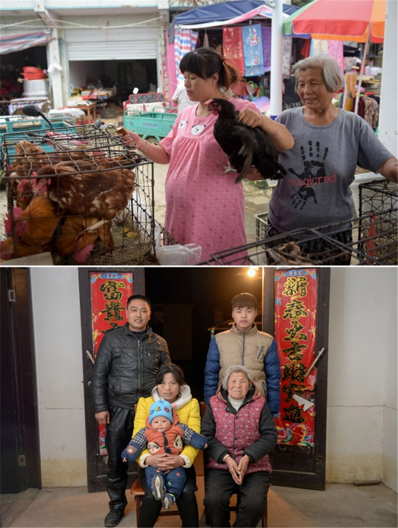 拼版照片：上圖為洪災期間，花麗娟（左）和母親在安徽巢湖市烔煬鎮菜市場賣雞（2016年7月14日攝）；下圖為安徽巢湖市烔煬鎮，花麗娟與丈夫、母親和兩個孩子合影（2017年1月23日攝）。