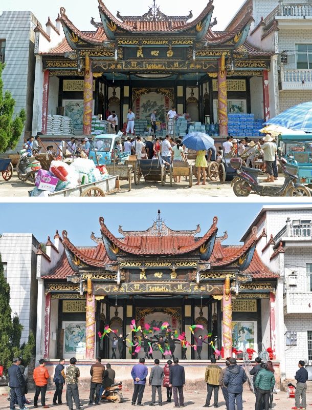 上圖：江西鄱陽縣古縣渡鎮張家坽村村民在村里古戲臺邊領取救災物資（2016年6月22日攝）；下圖：張家坽村村民在古戲臺上排練迎新年的舞蹈節目（2017年1月24日攝）（拼版照片）。
