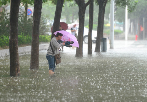 7月20日，一位石家莊市民在槐安路一處積水路段脫鞋涉水出行。當日，河北省大部分地區降雨天氣持續，河北省氣象臺7月20日6時繼續發布暴雨紅色預警，自18日夜間到20日早晨，保定西南部和石家莊、邢臺、邯鄲三個地區的西部降水量已達200毫米以上，預計20日白天到夜間，承德東部、唐山、秦皇島、保定東部、石家莊西部、廊坊、滄州、衡水降水量可達30-100毫米，局地雨量可達80-150毫米。