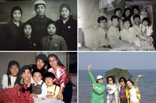 1968年，董惠娟（左上圖，前排右）和二哥及姐妹們的合影，其二哥在唐山地震中遇難；1984年，董惠娟（右上圖，后排右二）和親人在簡易棚里合影；1989年，董惠娟（左下圖，前排左二）和親人合影；2013年，董惠娟（右下圖，左一）和姐妹們在北戴河旅游時合影（拼版照片）。新華社發